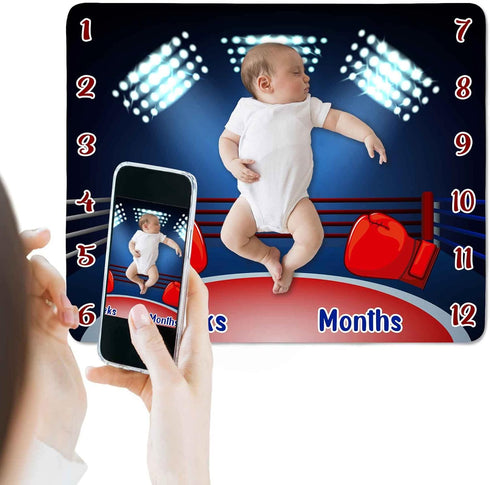 Boxing Theme Baby Monthly Milestone Blanket, 48x40in Soft Flannel, Arena Lights Backgrounds, Newborn Mom Gifts, Boy Baby Shower Age Growth Tracker...